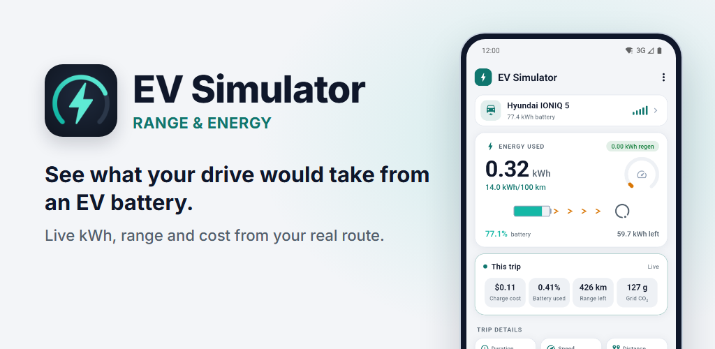 EV Simulator range and energy feature graphic from Google Play
