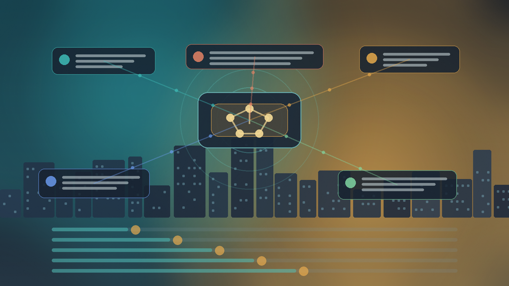An AI public-service platform connecting identity, payments, mobility, health, and permits across a city skyline.