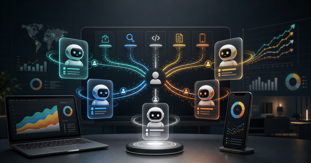 A modern analytics workspace showing multiple AI assistant streams branching across app discovery, search, coding, productivity, and mobile tools.