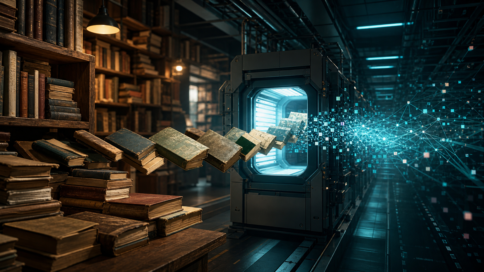 Worn books move from a warm secondhand bookshop into an opaque industrial scanning and data pipeline.