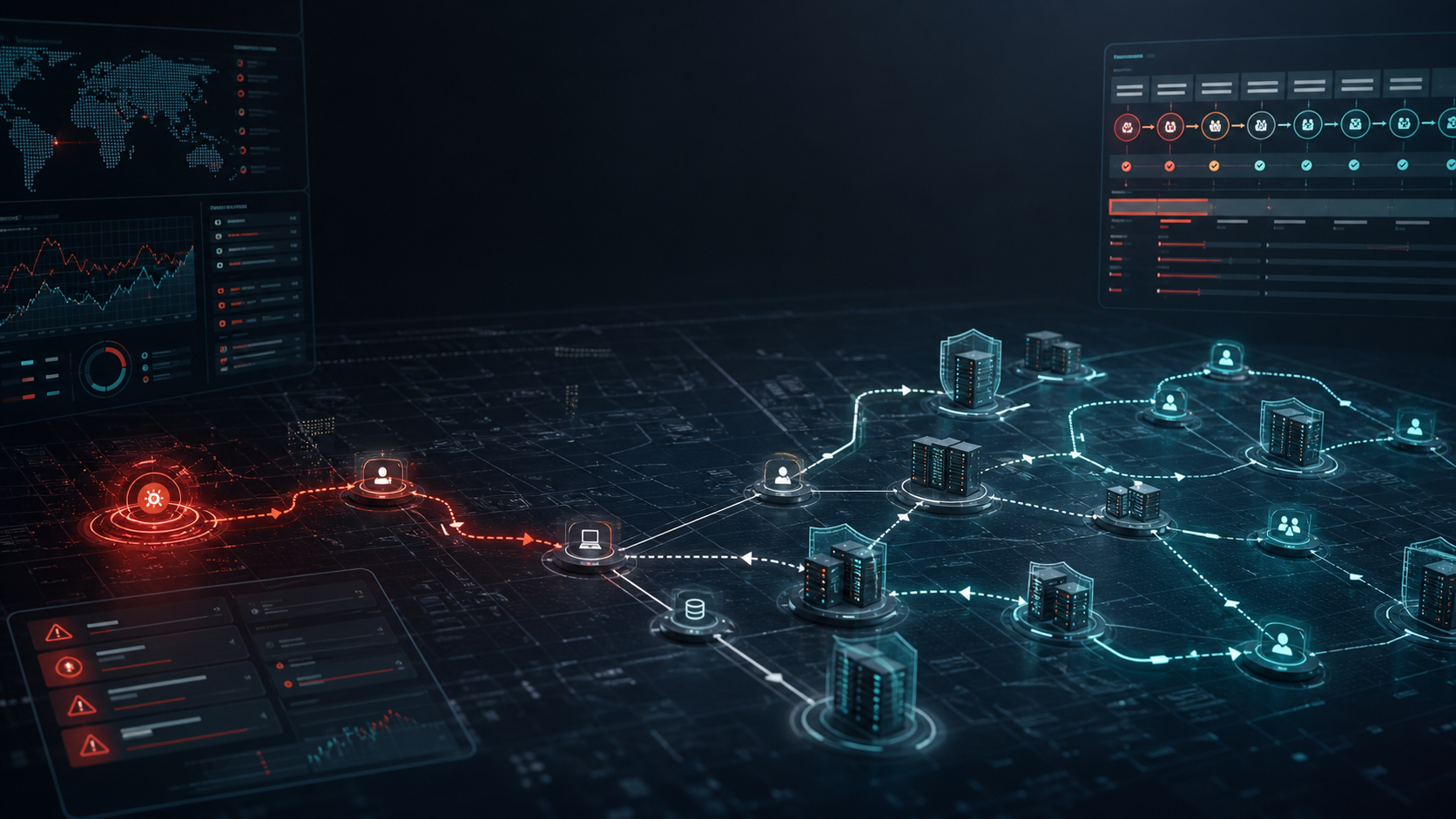 A cybersecurity operations map showing AI-assisted attack paths moving through accounts, servers, alerts, and defensive dashboards.