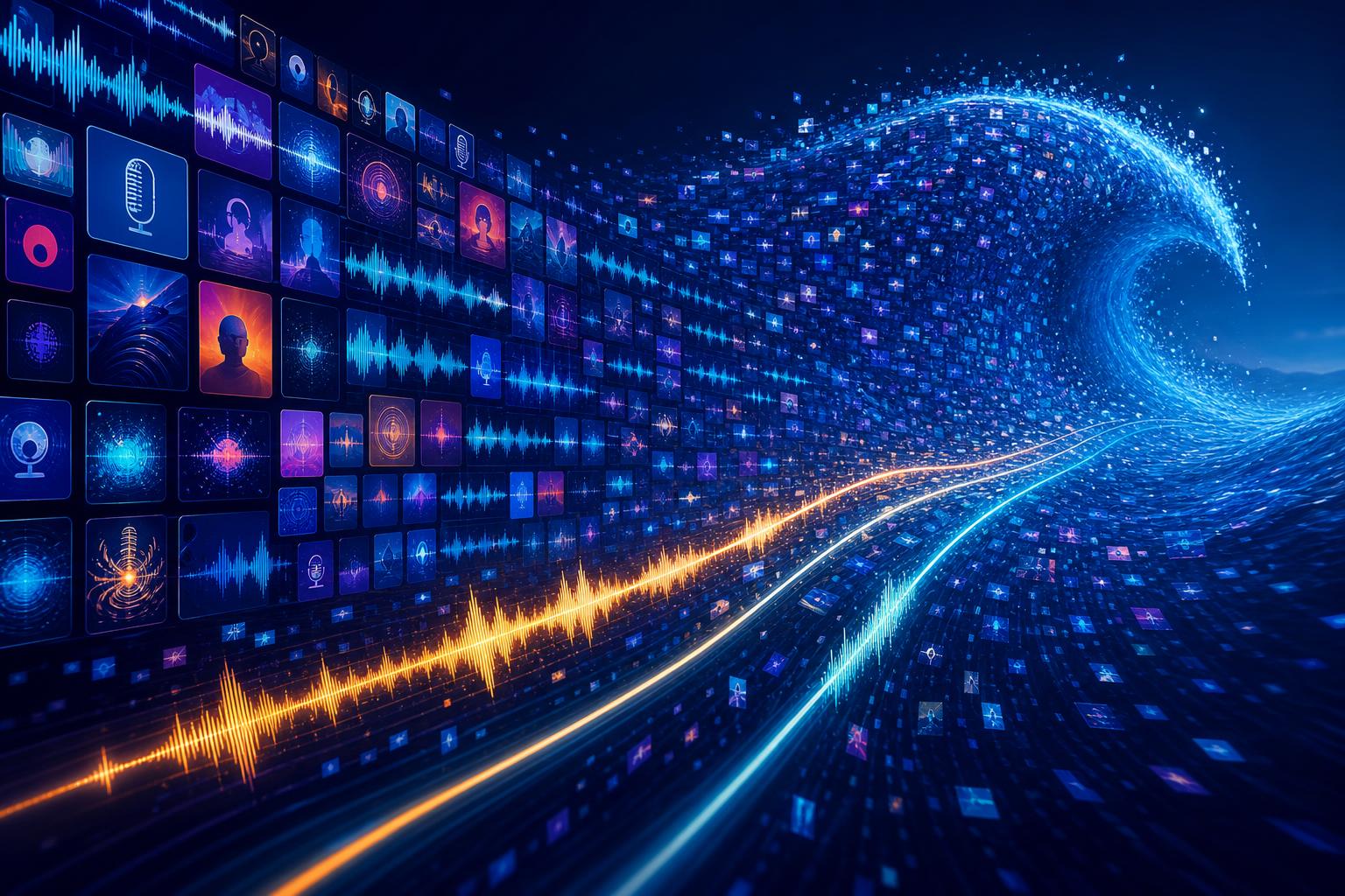 A digital wave of podcast covers and audio waveforms representing the flood of AI-generated audio content.