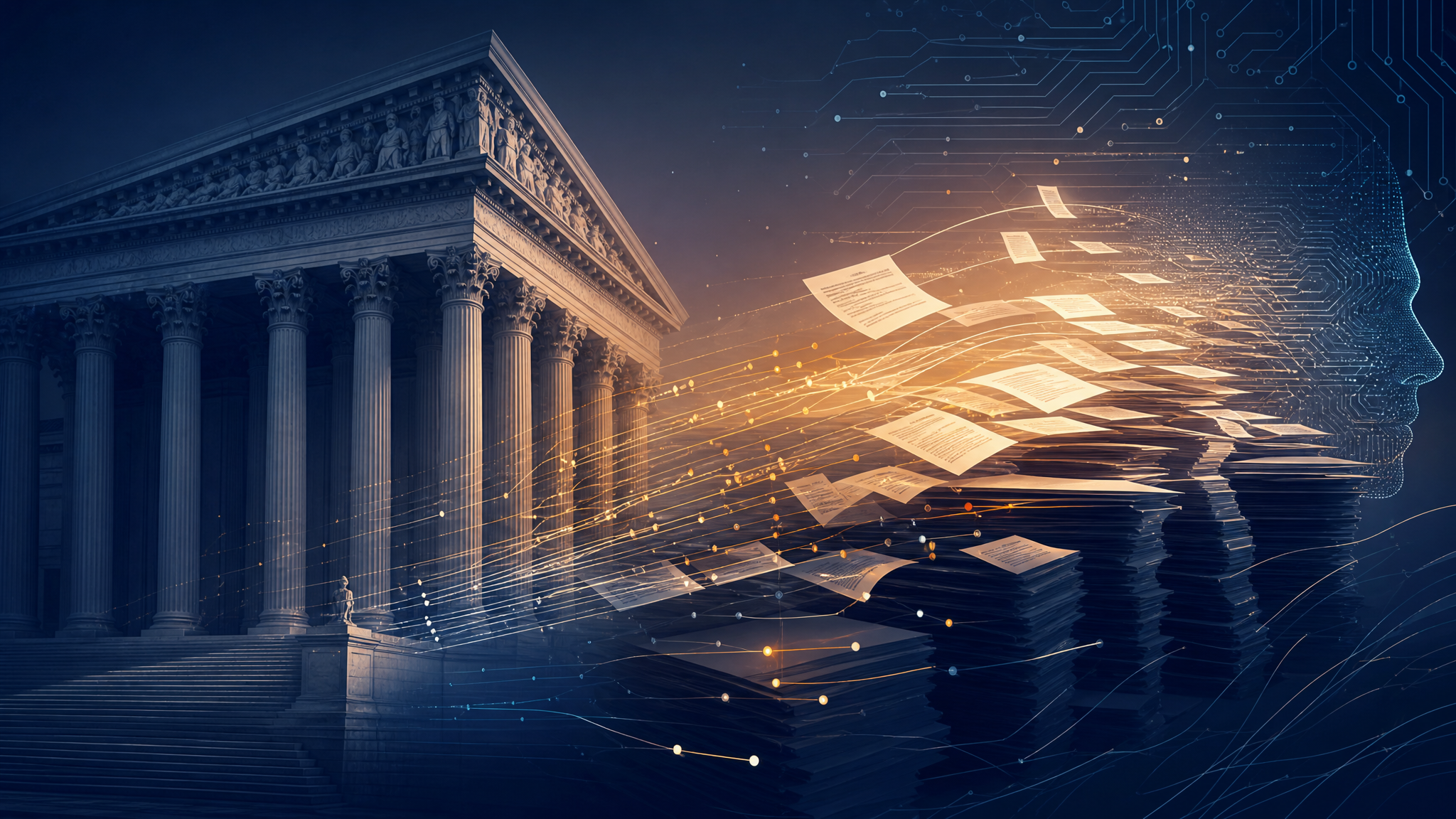 Abstract courtroom scene with AI-generated documents flooding a docket, scales of justice tilting under a stack of paper filings.
