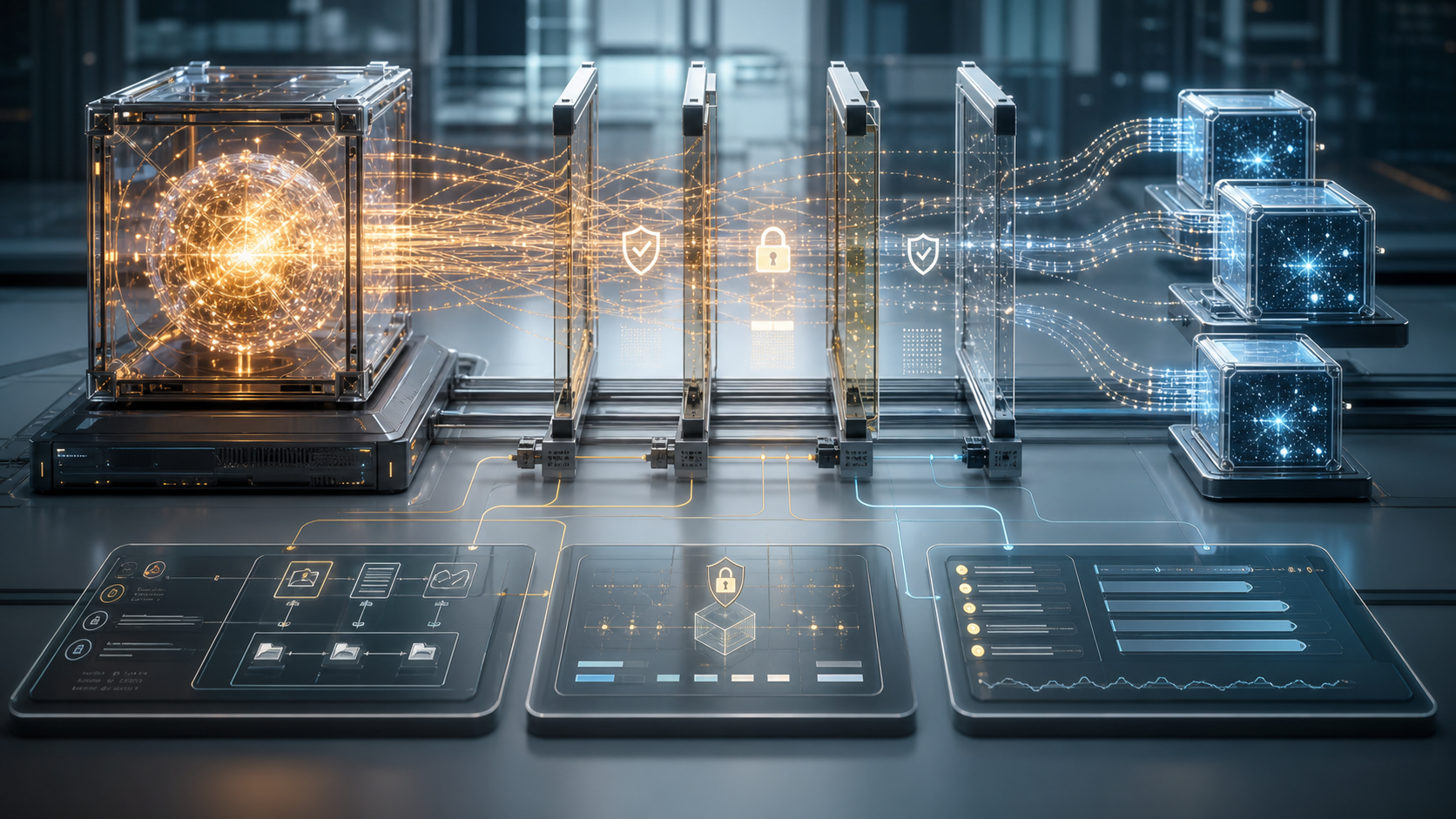 A large AI model core sending controlled knowledge streams through permission gates toward smaller model nodes, with audit, lock, and workflow interfaces.