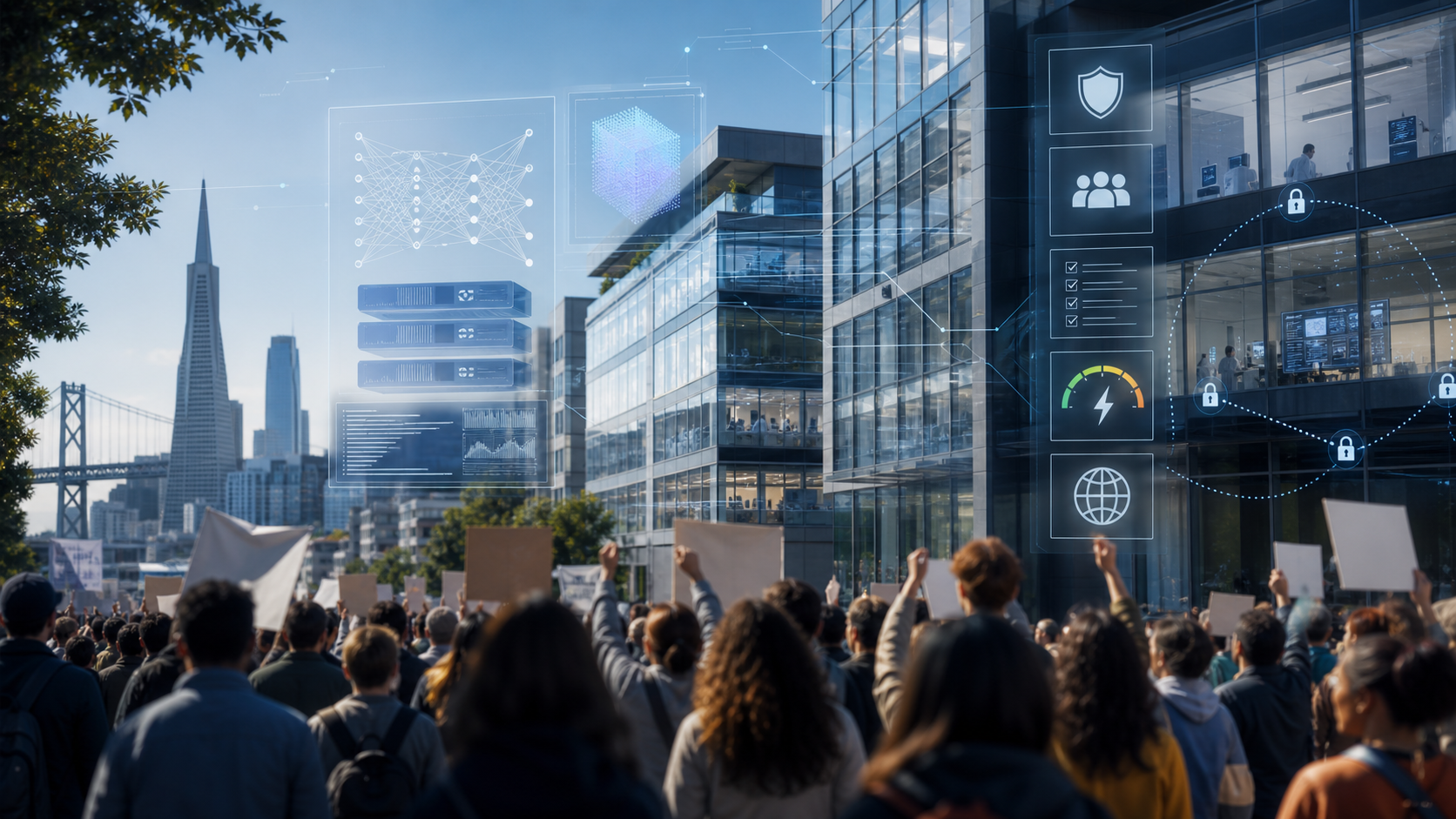 San Francisco AI lab buildings with civic protest silhouettes and transparent governance, safety, permissions, and energy control interfaces.