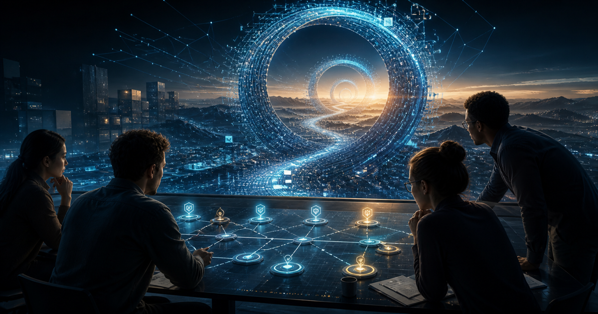 Product builders evaluate checkpoints along a luminous recursive AI development loop.