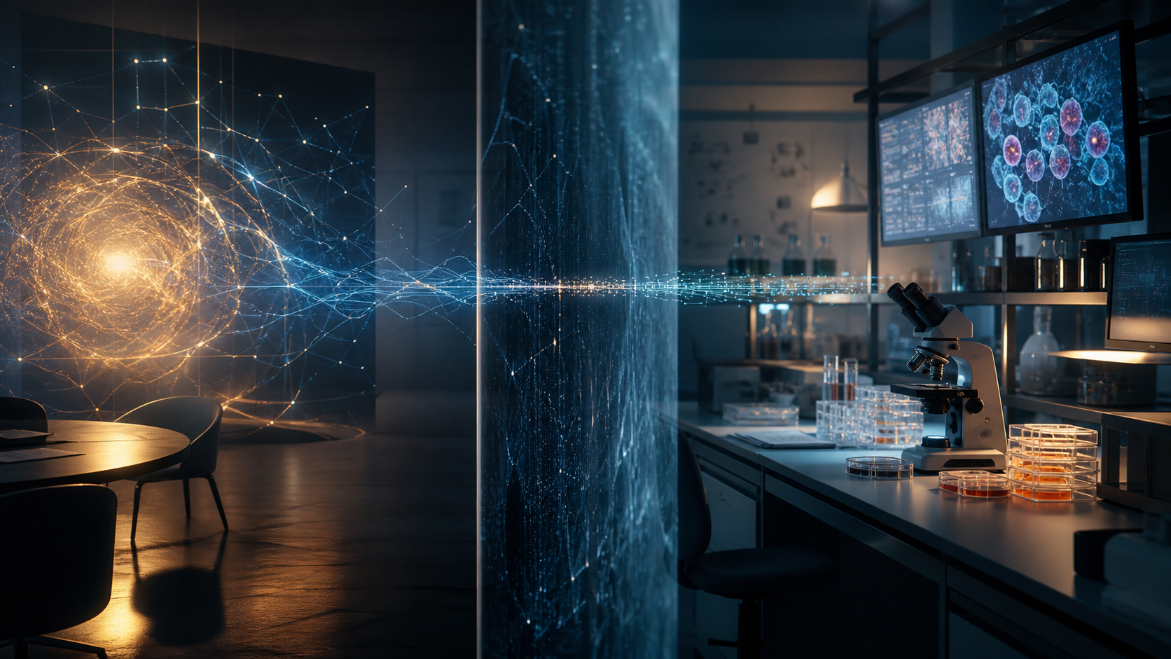 An abstract AI system connects across a transparent divide to a working biomedical laboratory.