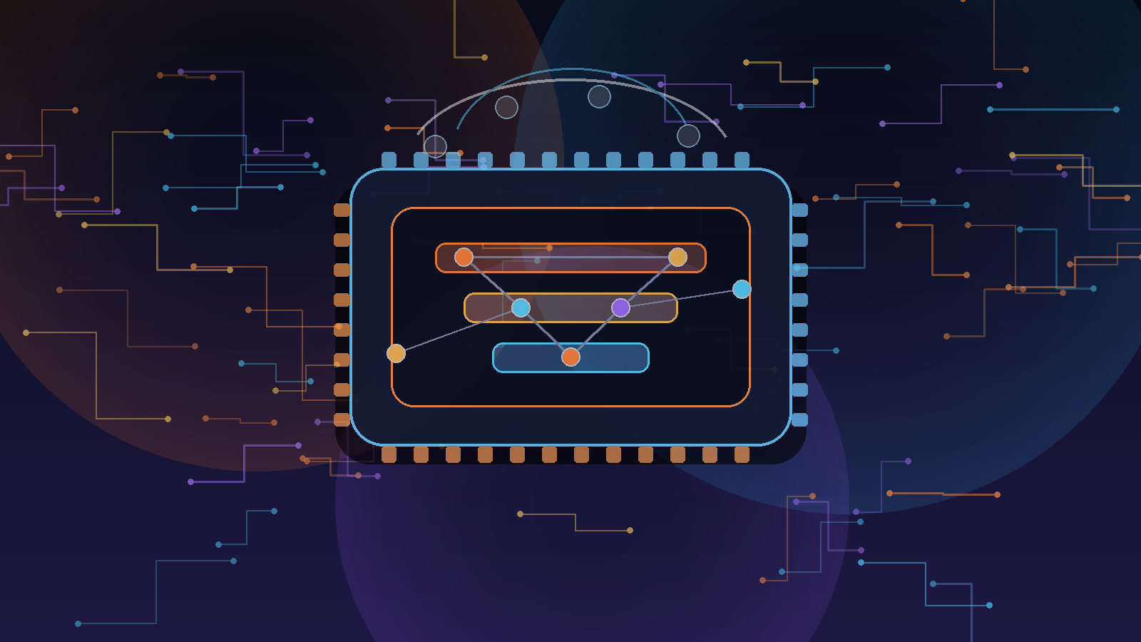 Abstract AI infrastructure stack with a custom chip, cloud nodes, model layers, and regional compute pathways.