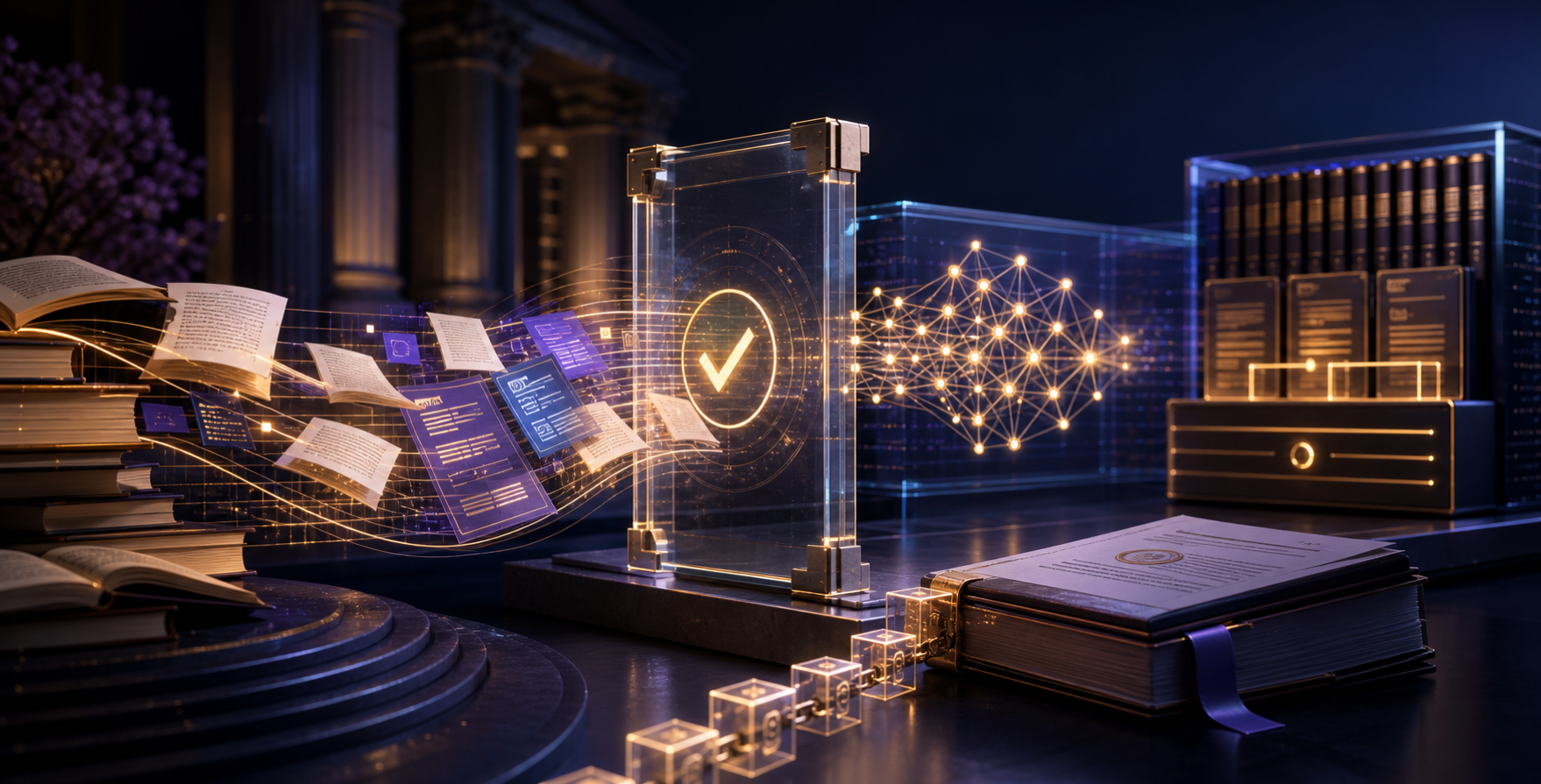Books and data records passing through a transparent verification gate into an AI network.