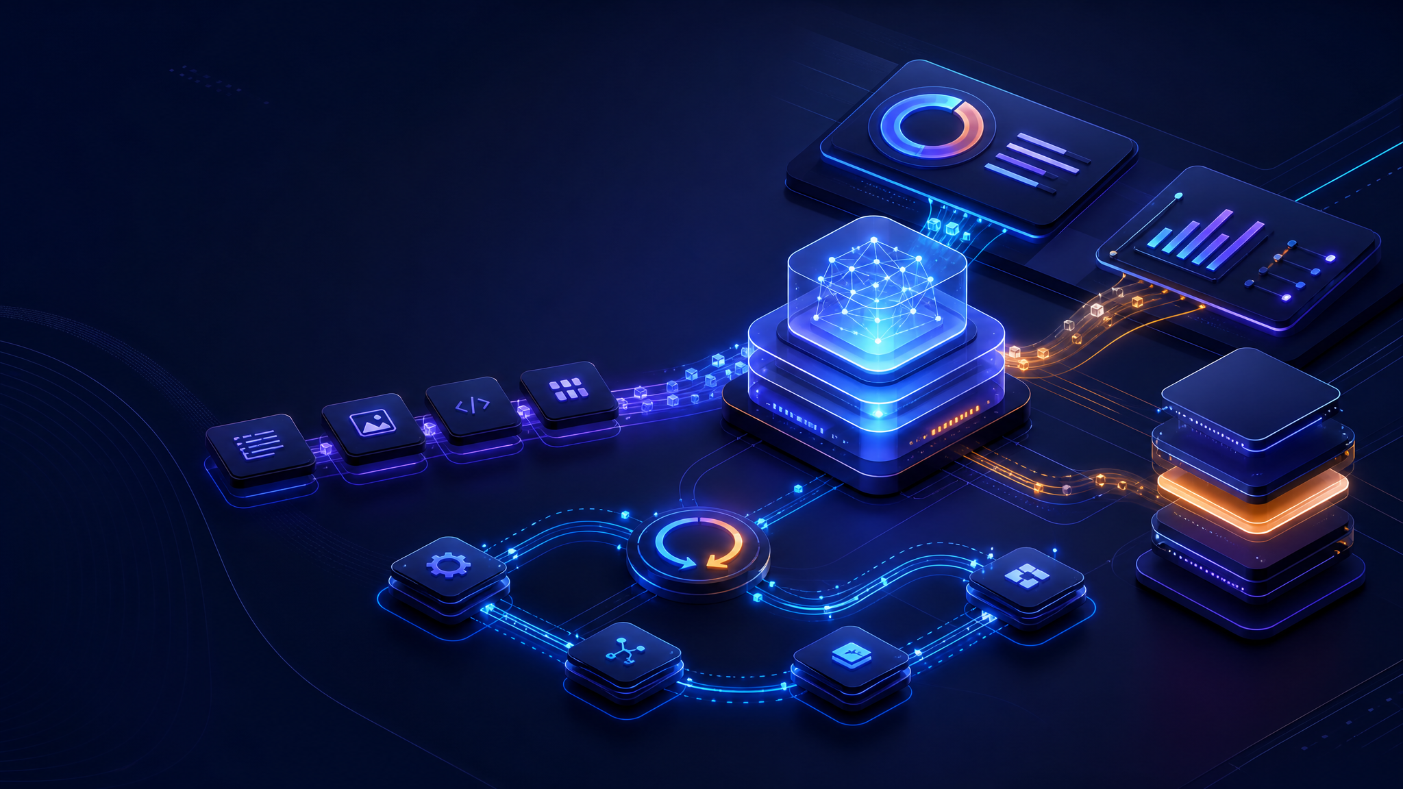 Abstract AI agent workflow with connected automation nodes, budget meters, API rails, and subscription layers.
