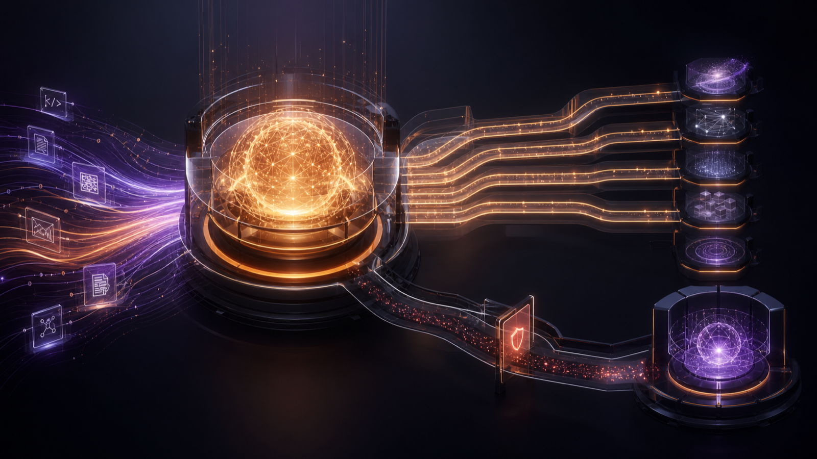 A luminous frontier AI core dividing work between open developer workflows and a guarded safety-routing path.