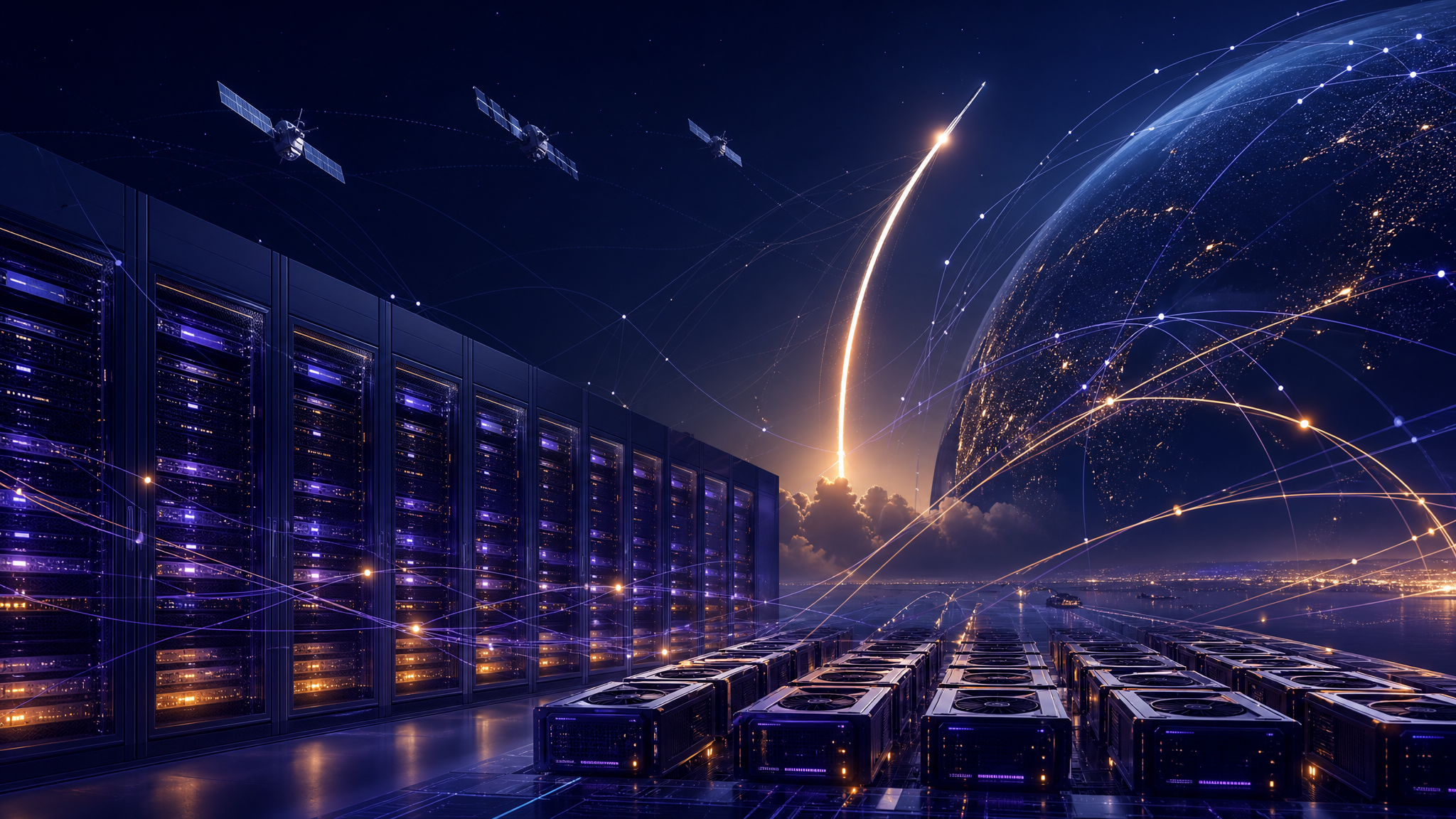 An abstract visualization of a massive AI data center campus with orbital satellite infrastructure above, representing frontier compute at scale.