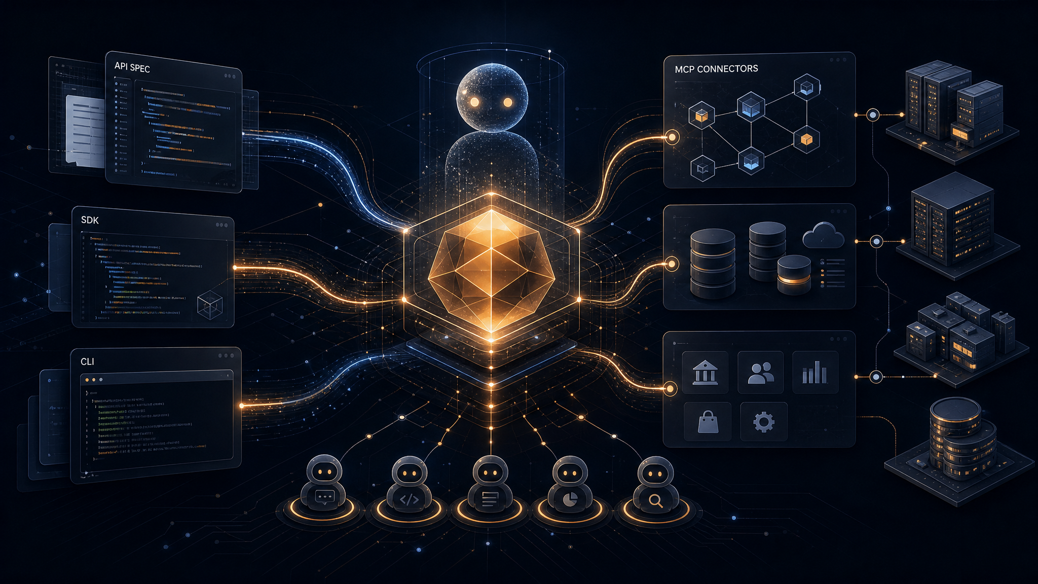 Abstract AI agent hub connected to SDKs, API specs, MCP connectors, databases, terminals, and business systems.