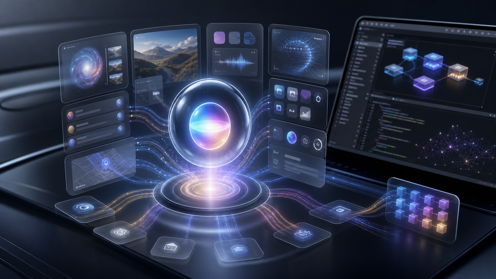 A luminous system-level AI assistant connecting personal context, visual understanding, apps, and developer tools across a private computing environment.