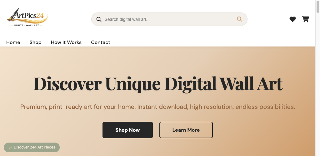 ArtPics24 storefront introducing premium, print-ready digital wall art.