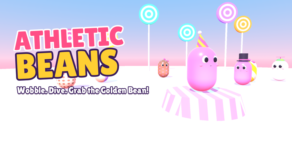 Athletic Beans Google Play artwork with colorful jelly-bean racers, candy obstacles and the Golden Bean tagline.