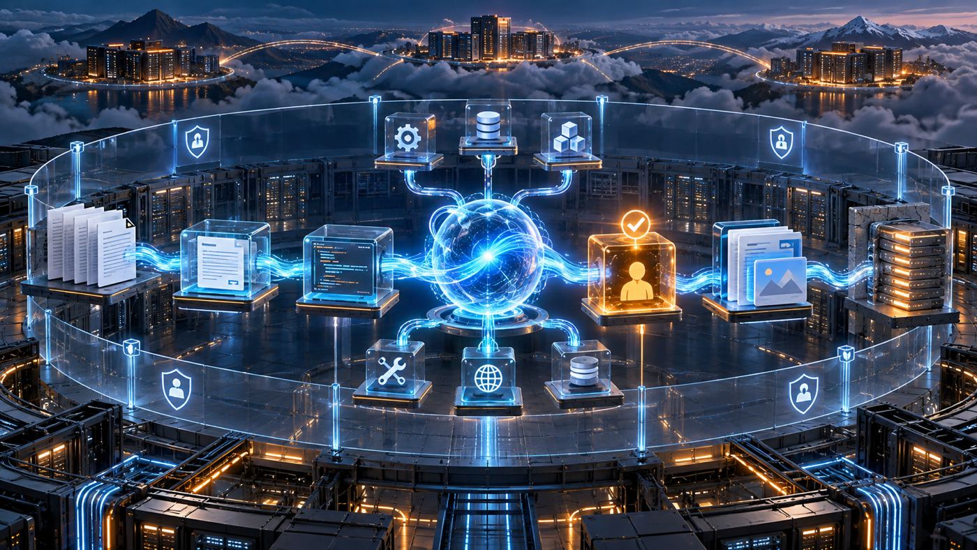 A durable AI agent session connects documents, code, tools, and files inside a cloud permission boundary with human approval and audit controls.