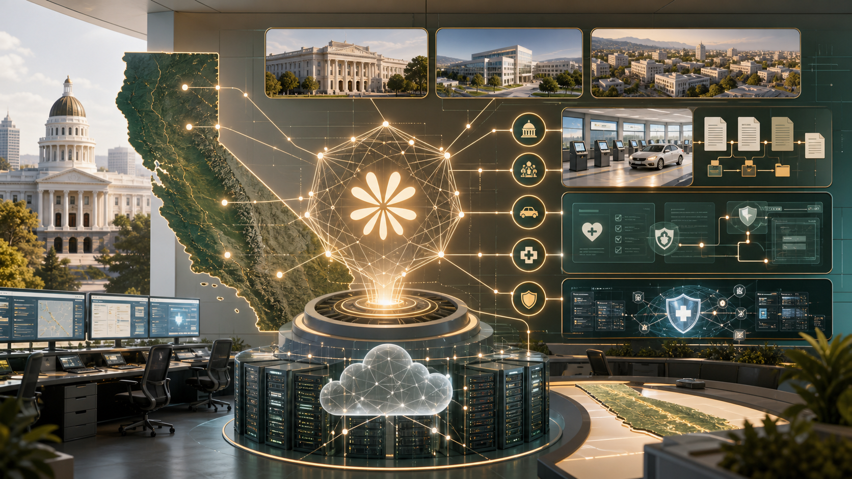 California public-sector AI infrastructure connecting state agencies, document workflows, service operations, health services, and cyber defense systems.