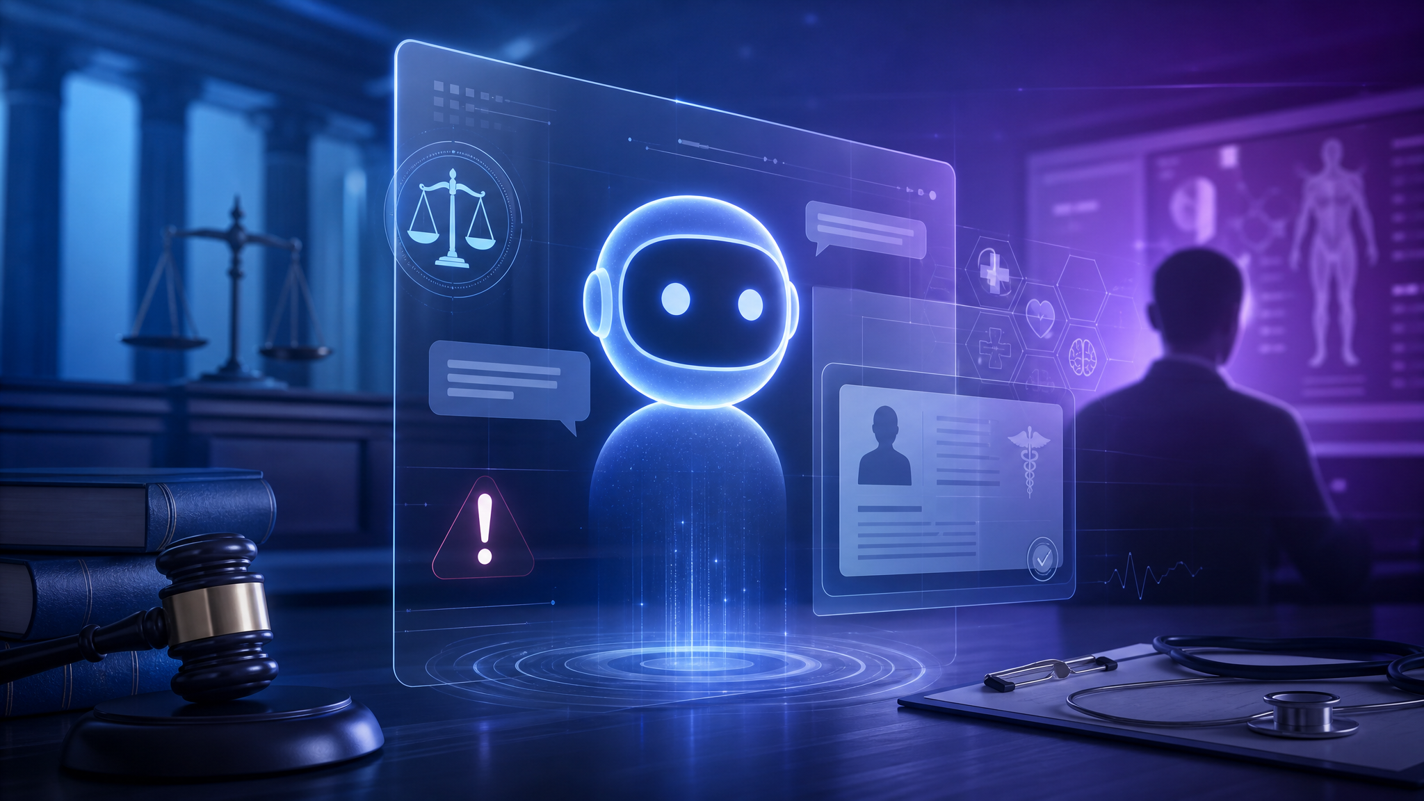 An abstract AI chatbot interface between a courtroom and a medical consultation screen.