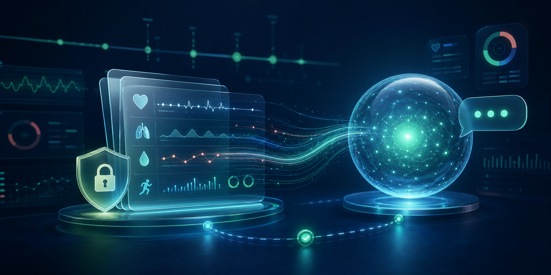 A protected digital health record connected to a conversational AI through encrypted data pathways.