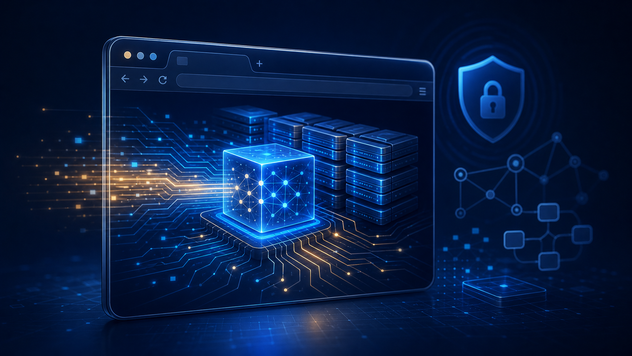 An abstract browser window containing a glowing local AI model cube, storage blocks, privacy controls, and developer API nodes.
