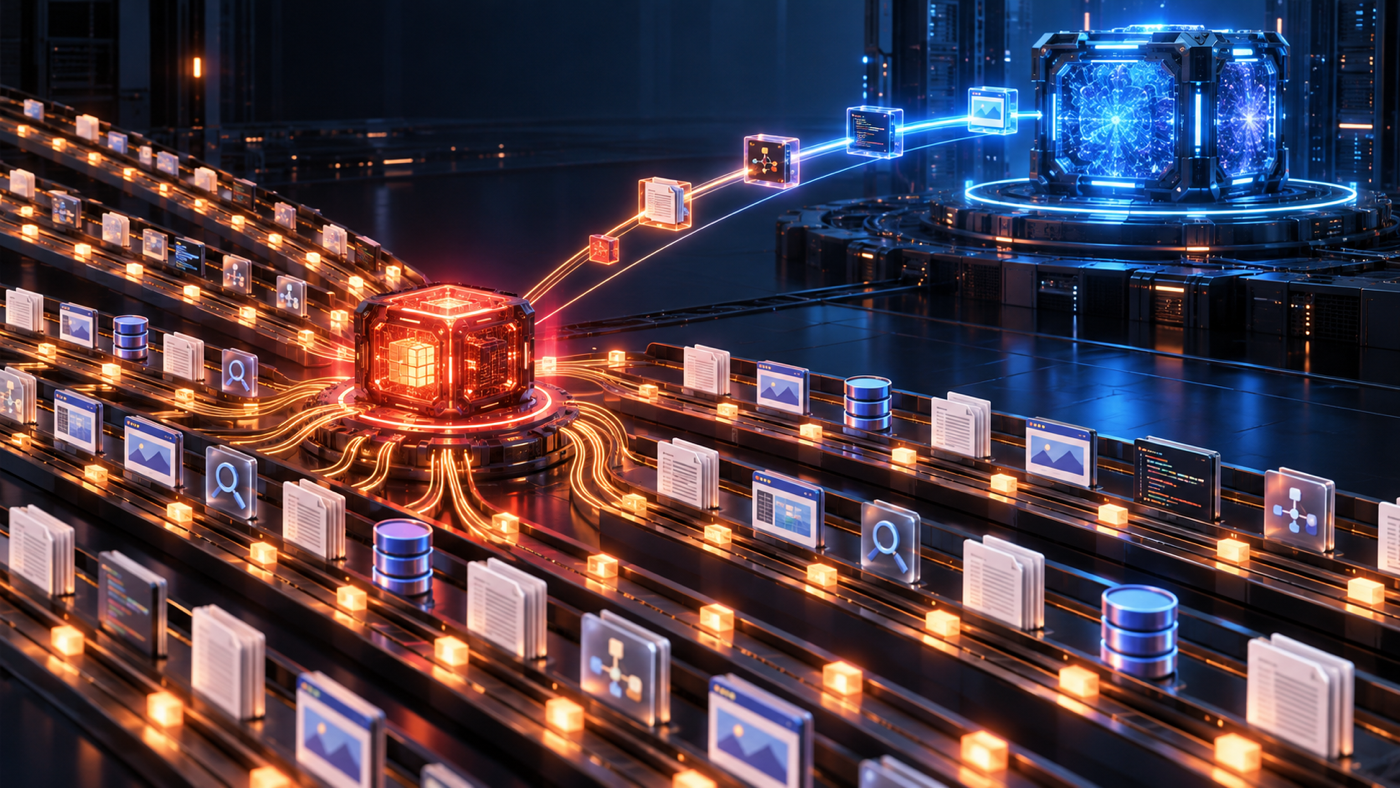 A compact coral intelligence core routes many document, browser, database, and coding tasks while escalating a few difficult cases to a larger blue reasoning system.