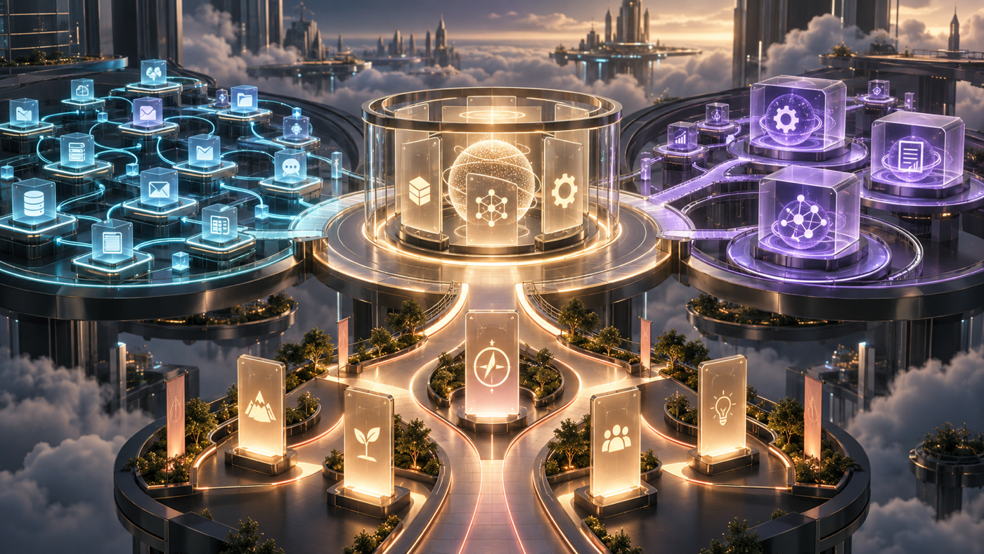 A unified digital marketplace hub connects a network of business integrations, larger agent products, and guided implementation pathways.