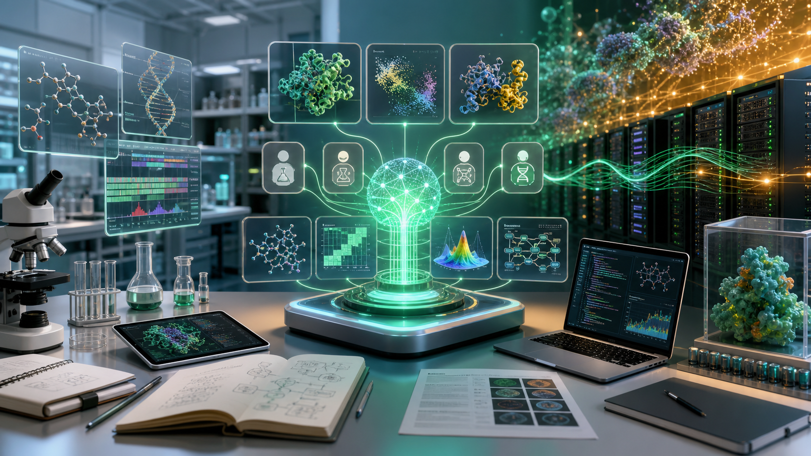 Scientific AI workbench connecting lab instruments, molecular models, datasets, code, and high-performance compute infrastructure.