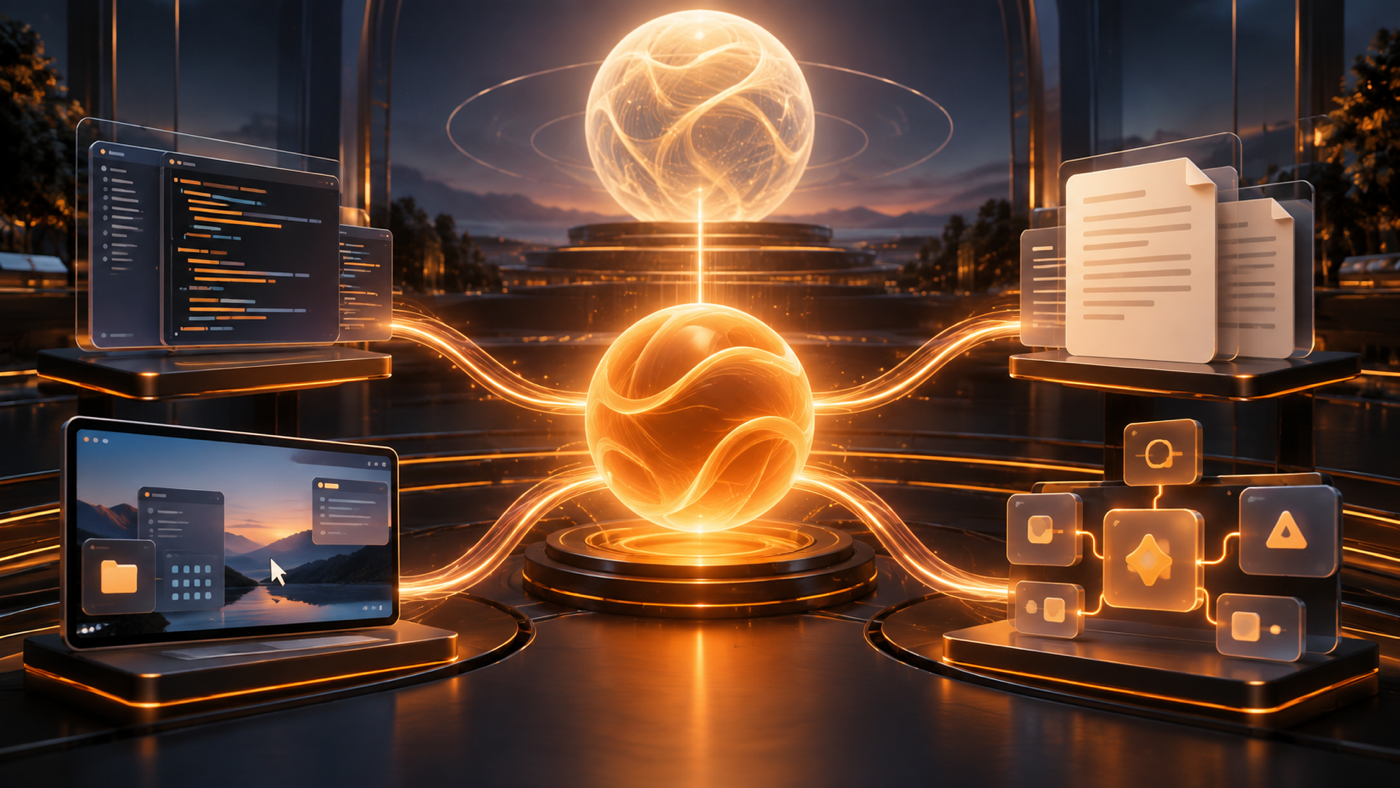 A warm amber AI core routes work across code, documents, computer interfaces, and coordinated agent tasks beneath a larger intelligence halo.