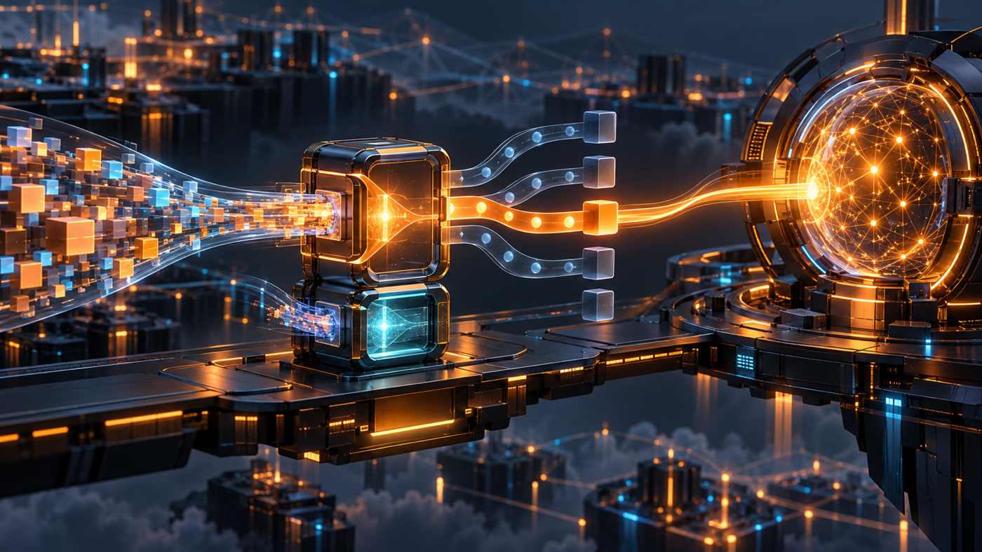 Two compact AI decision engines turn incoming application state into bounded paths before forwarding one selected route to a larger reasoning core.