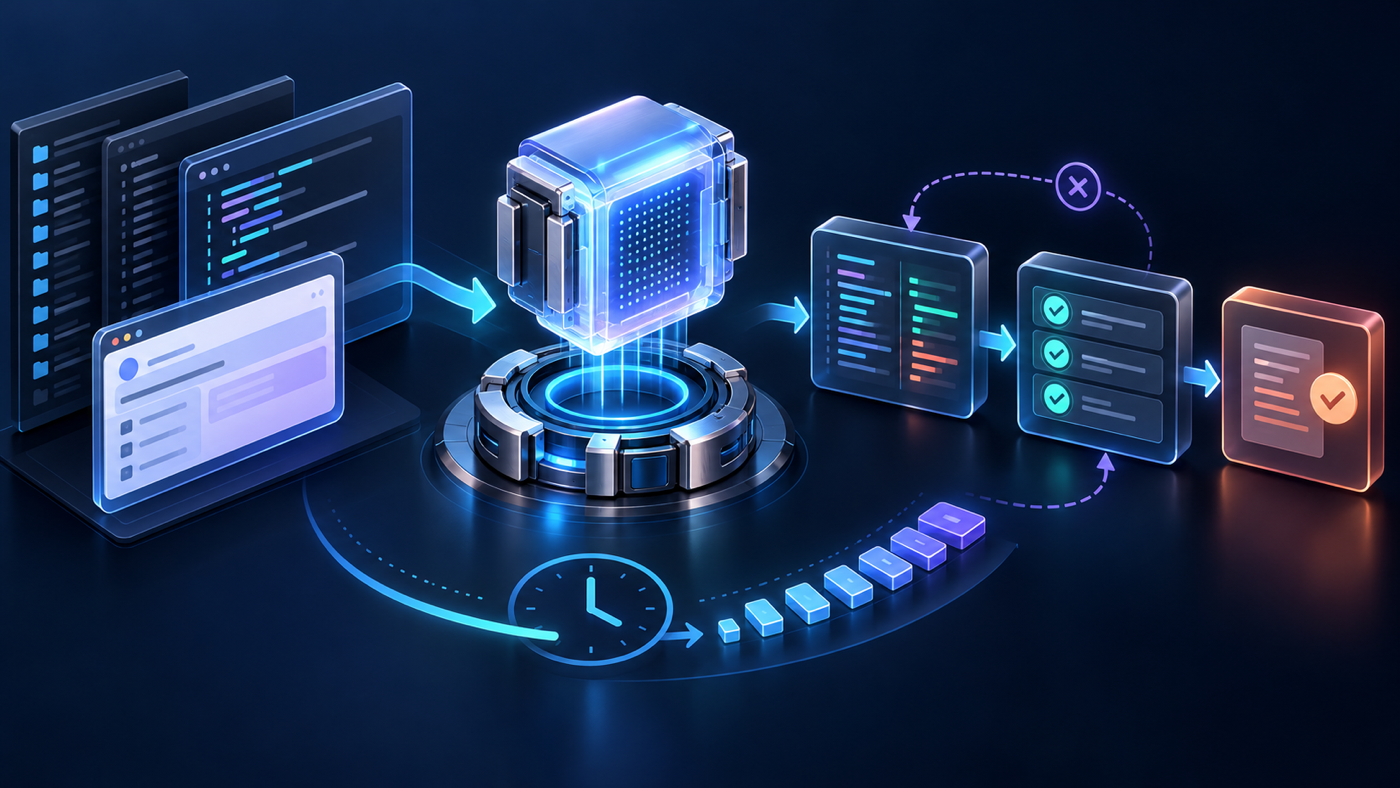 A replaceable model core connects an unchanged API interface to repository tasks, code changes, sandbox tests, and human review.