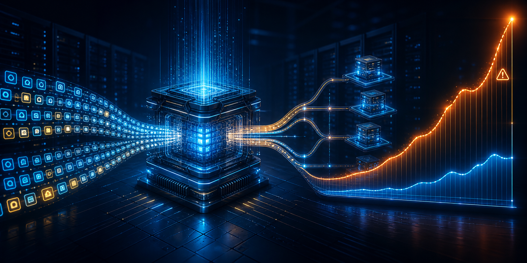 AI inference traffic passes through a compute core toward provider routes and sharply different peak and off-peak cost curves.