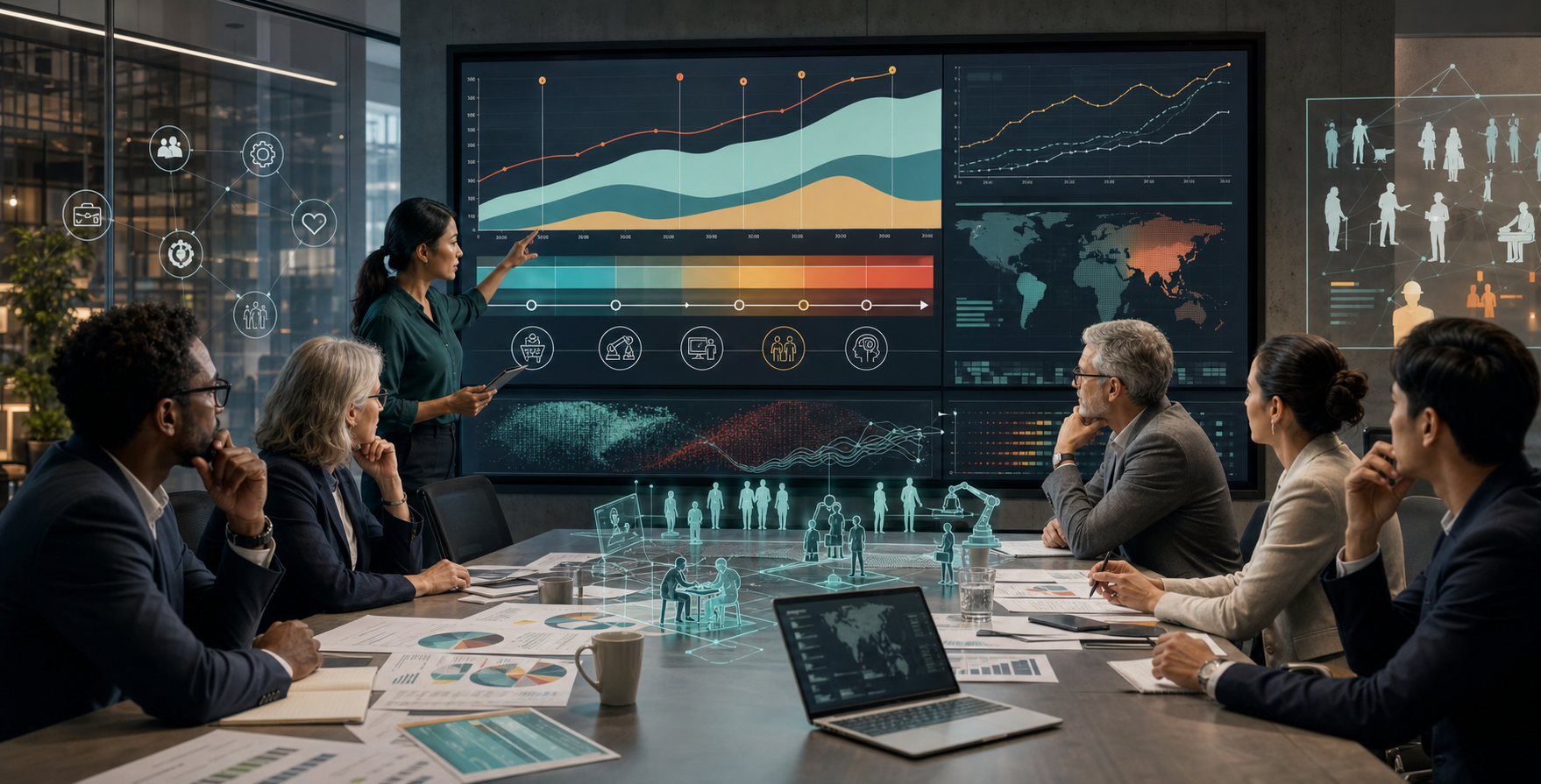 Economists and technology leaders reviewing AI labor-market transition charts in a policy research room.
