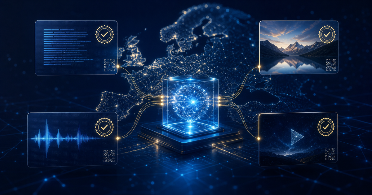 An AI system marking generated text, images, audio, and video with visible disclosure and machine-readable provenance signals.