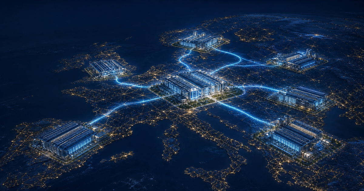 Seven large AI computing campuses connected across a nighttime map of Europe.
