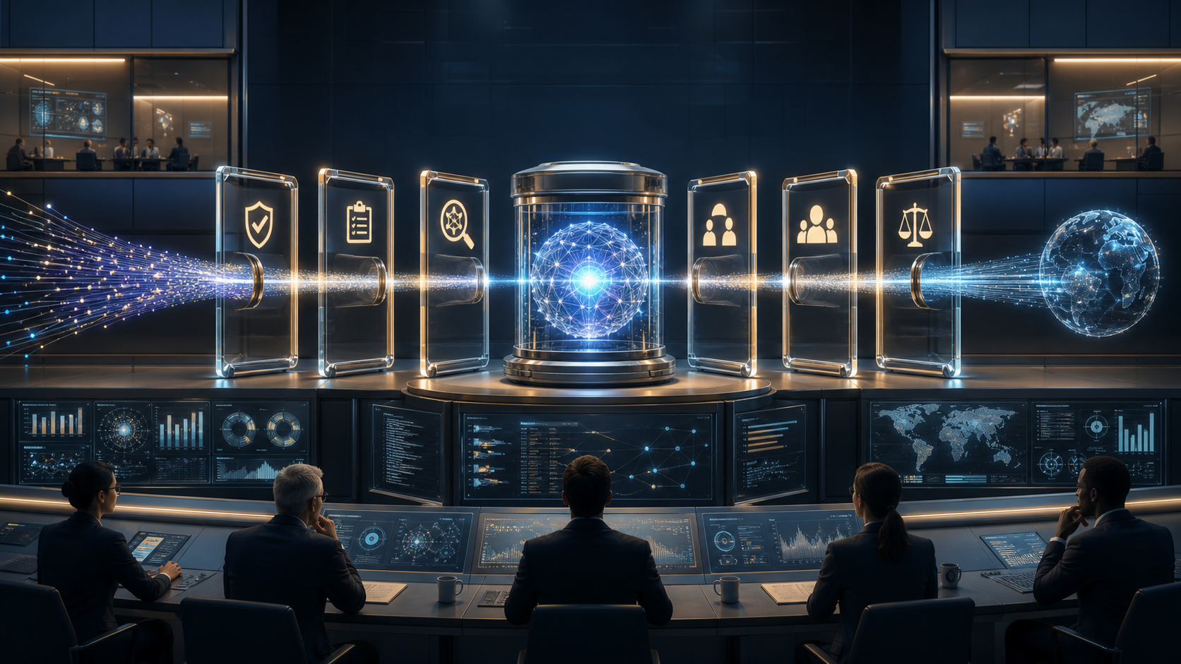 Frontier AI model release passing through safety, audit, and standards-body review gates.