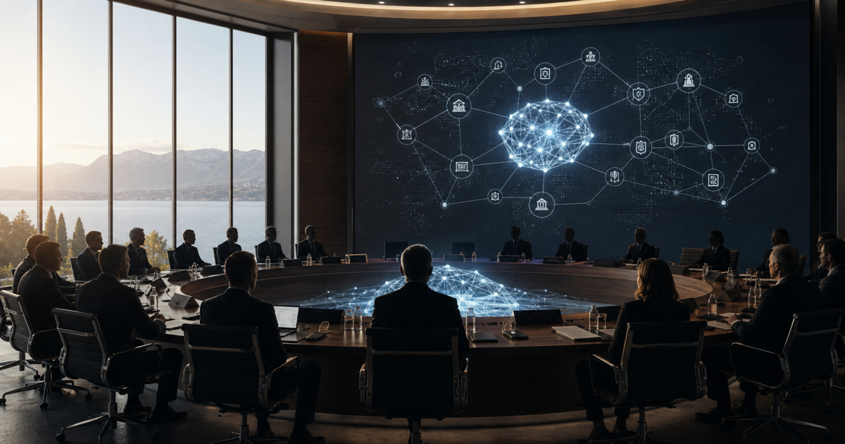 An international summit room with world leaders facing a glowing AI governance display.