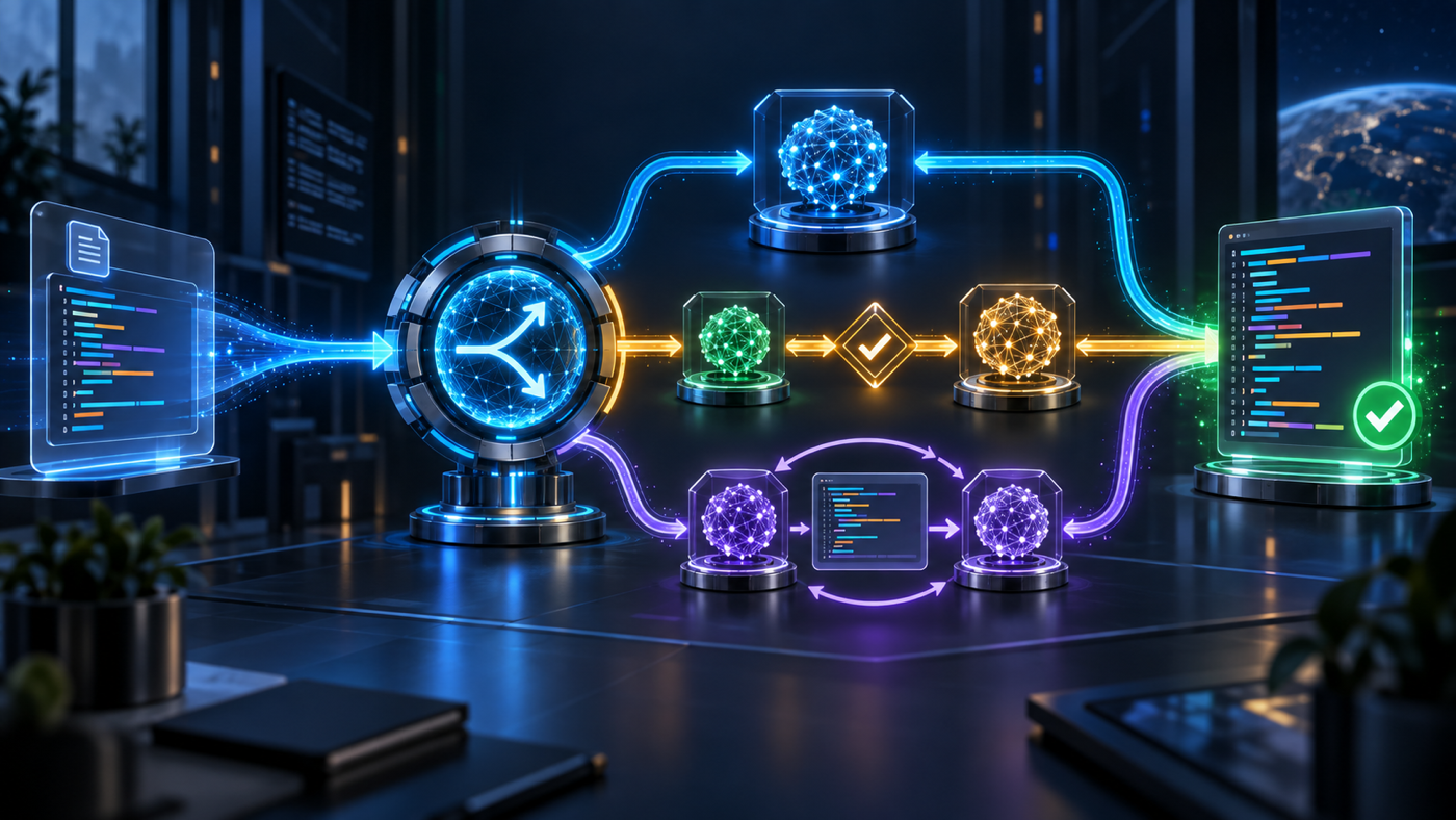 A central coding-agent router selects direct, cascade, or critique workflows across several AI model cores before producing a verified result.