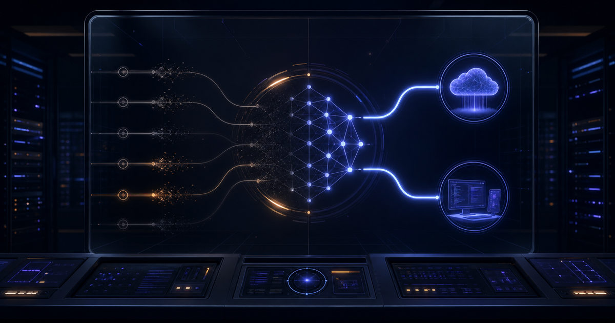 A multi-model developer hub powers down while two migration routes remain illuminated.