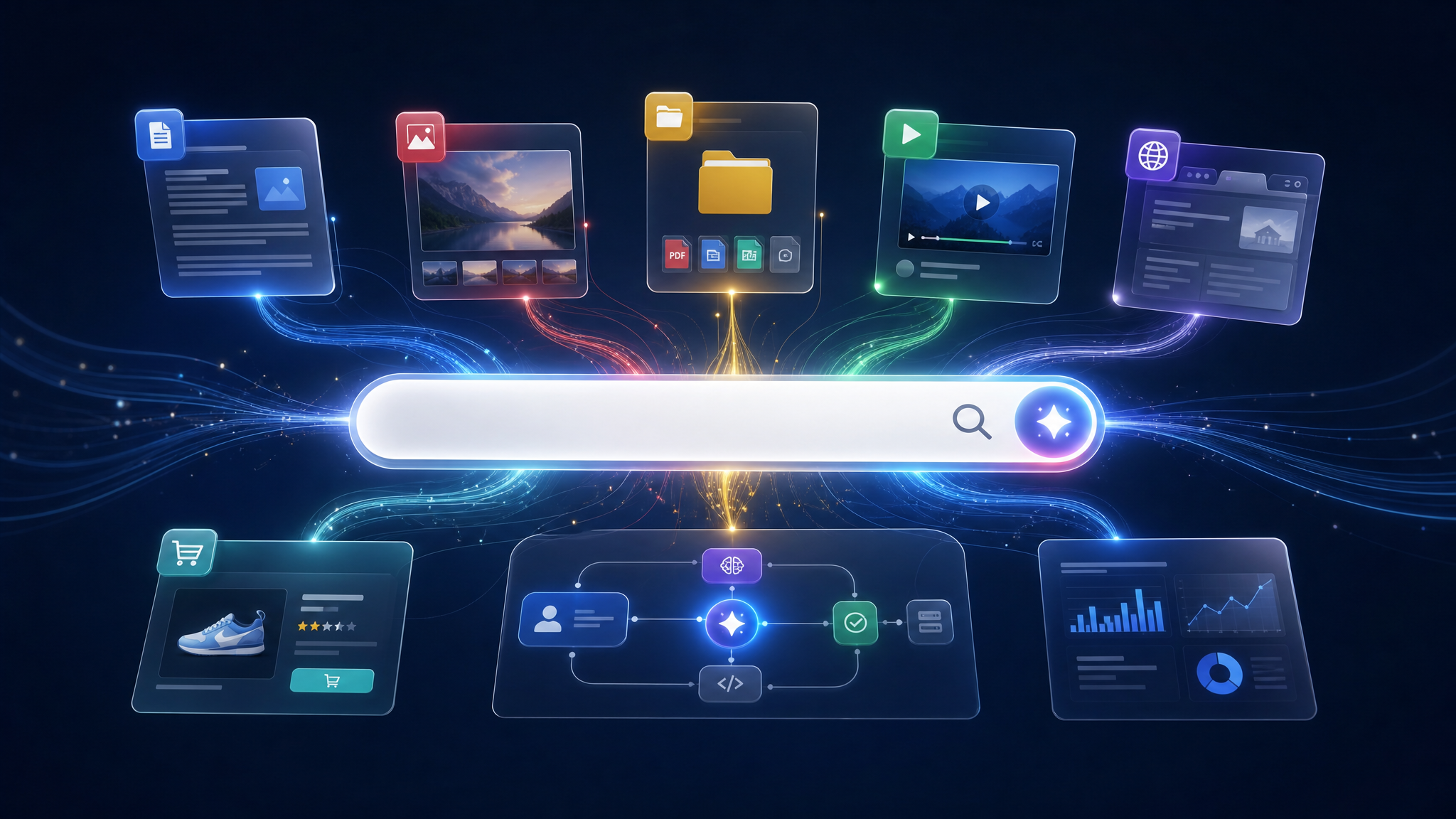 Abstract AI search command center with a glowing search bar, multimodal input cards, agent workflows, and commerce signals.