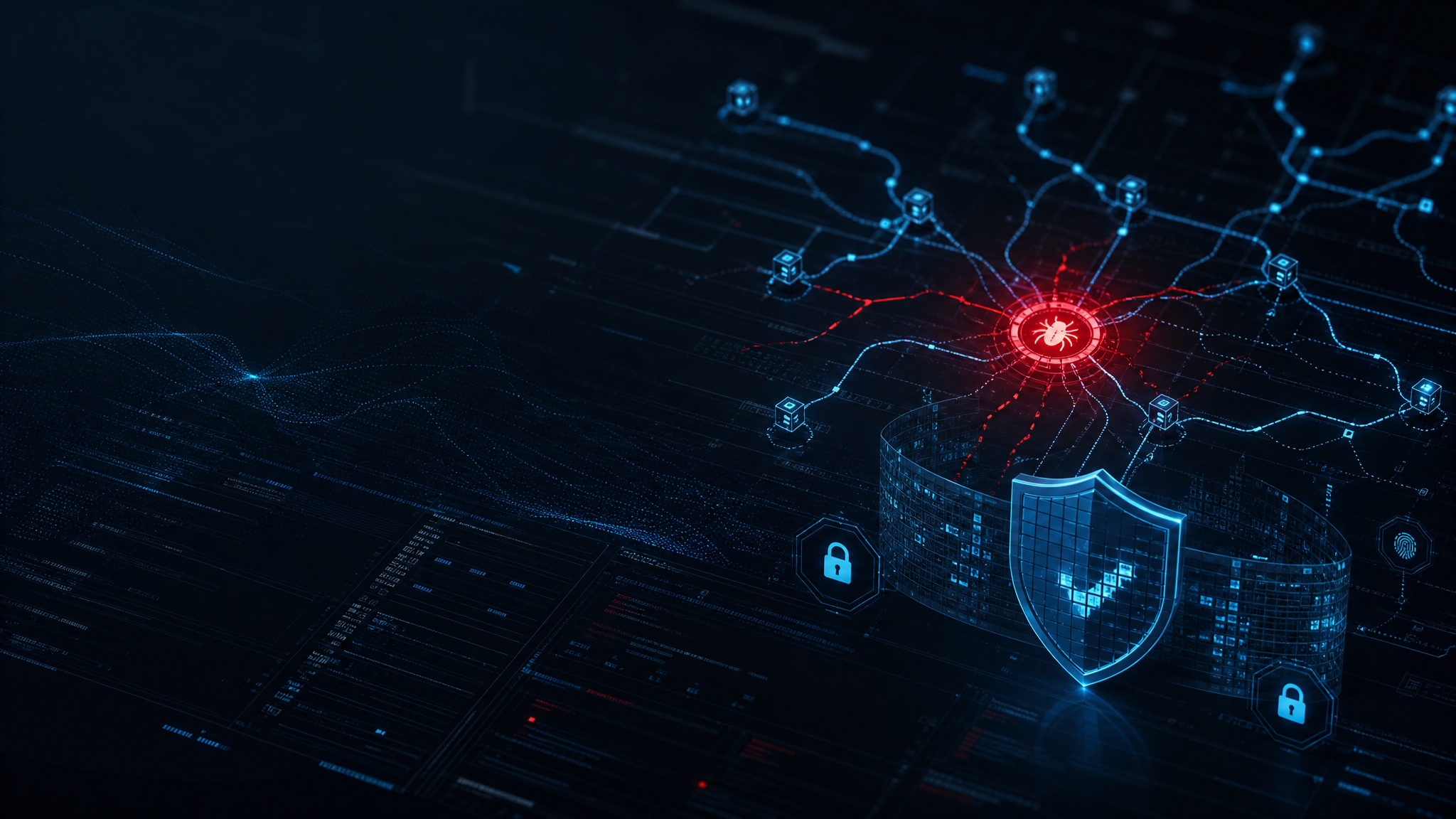 Abstract cybersecurity interface with AI circuit traces, a highlighted zero-day vulnerability, authentication locks, and defensive monitoring signals.