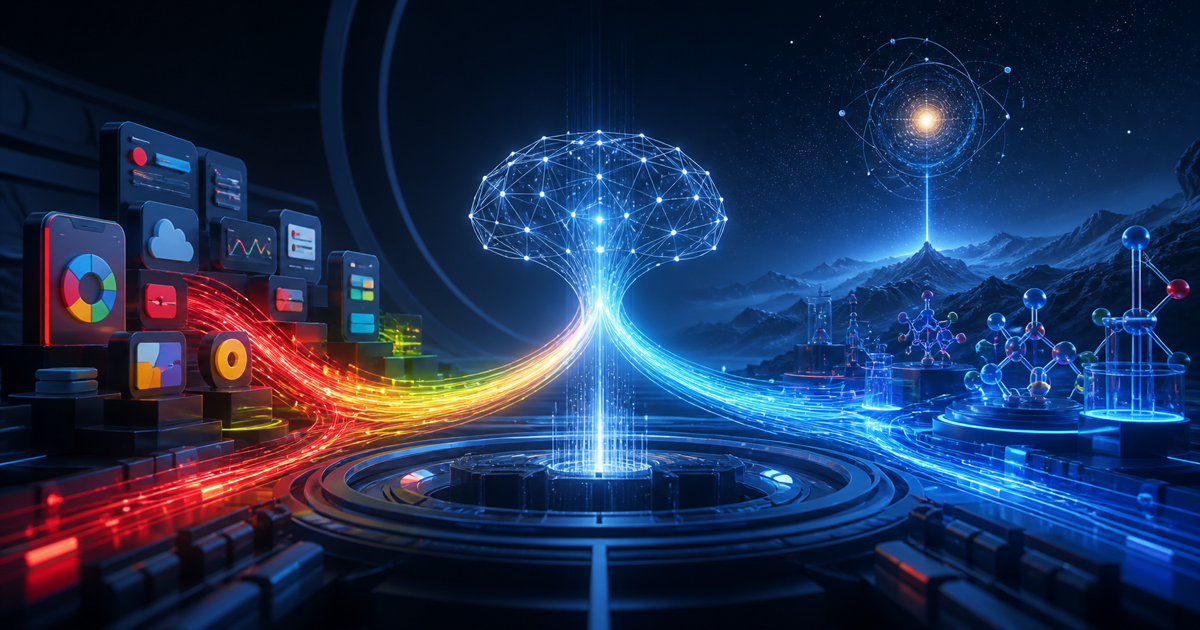 A central AI architecture dividing into a product deployment path and a scientific discovery path.