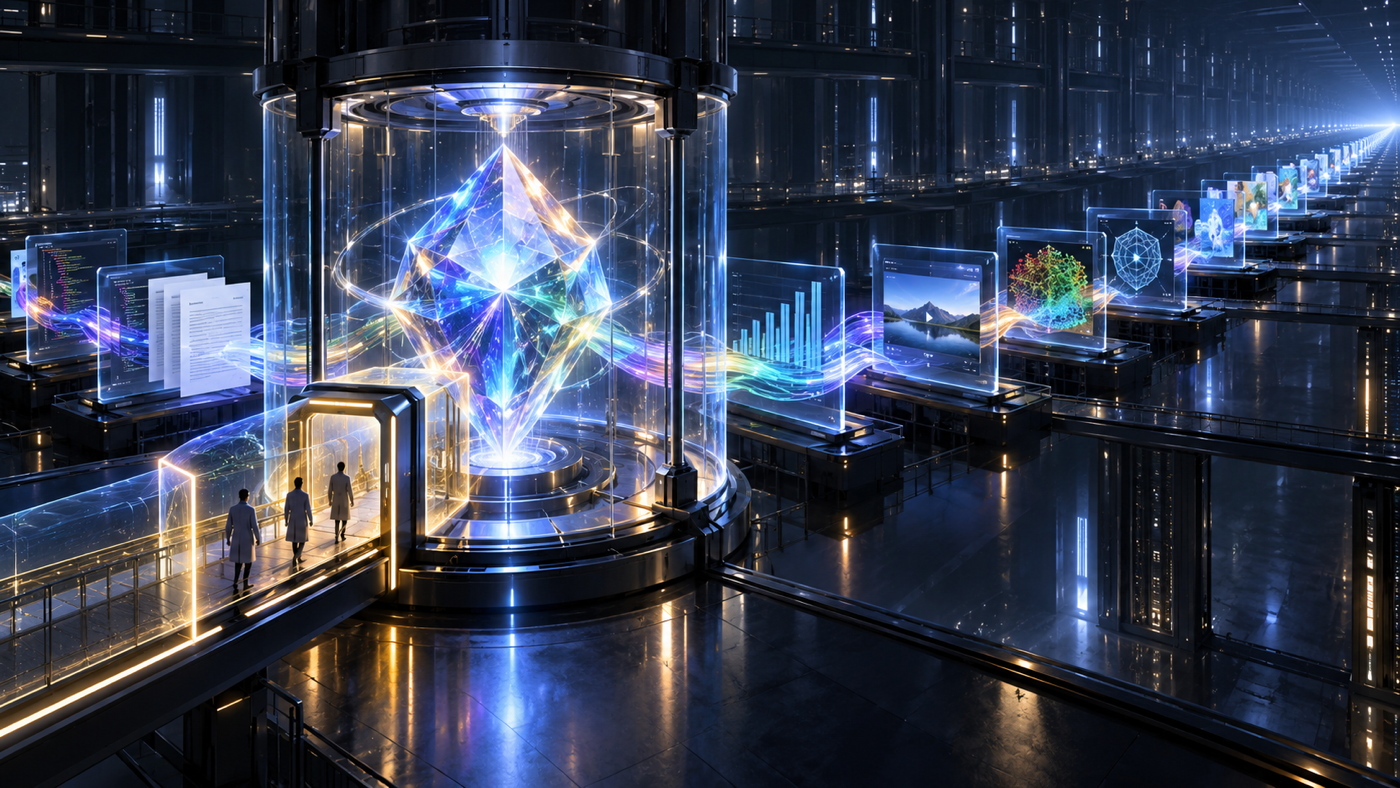 A prismatic AI core operates inside a governed containment chamber while a continuous workflow extends through coding, documents, analysis, and security stations.