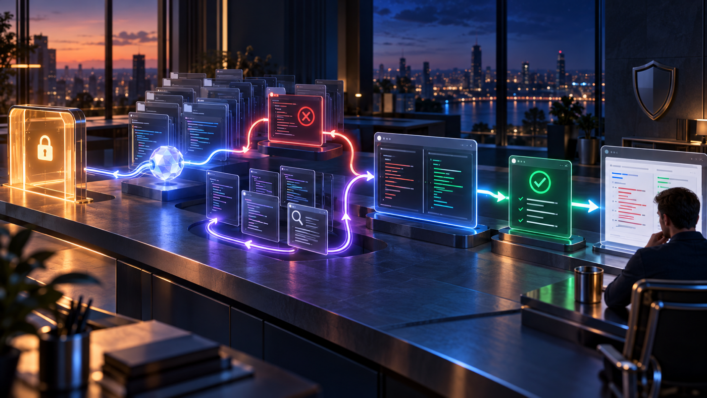 A persistent reasoning core follows repository evidence through a failed branch and retry loop to a code patch, passing tests and human review behind a selective-access gate.
