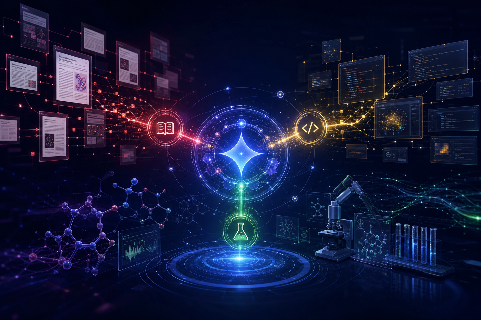 Abstract AI research workbench connecting scientific papers, code panels, hypothesis arrows, and molecular structures.