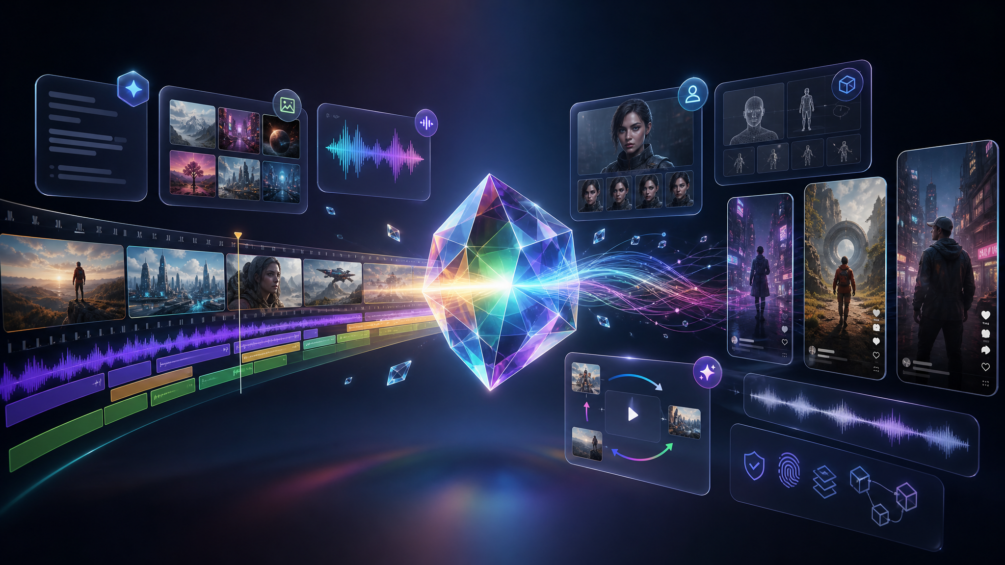 Abstract AI video editing timeline with multimodal prompts, audio waveforms, vertical video panels, and provenance markers.