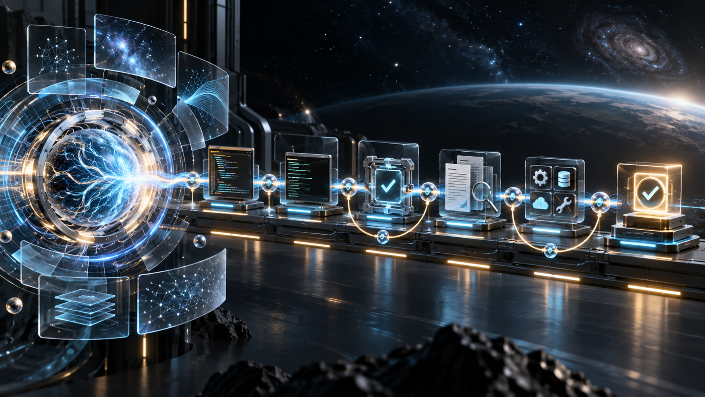 A continuous agent workflow moves through code, terminal, testing, documents, tools, and a verified result.