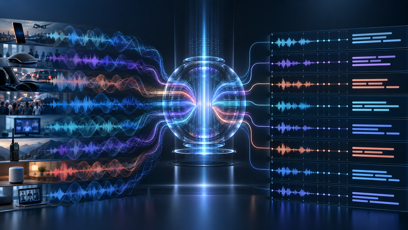 Noisy audio from calls, meetings, vehicles, and devices converges into a transcription engine that separates eight clean speaker and timing streams.