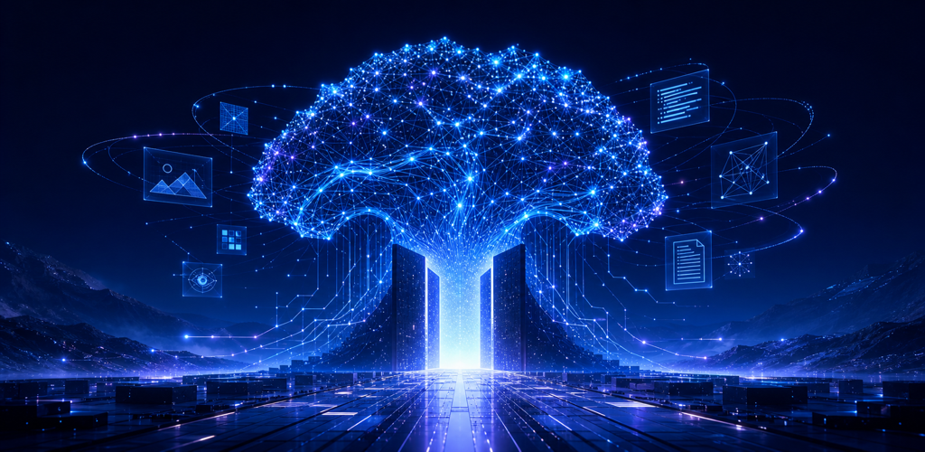 A vast luminous neural network rising above an open gateway for developers.