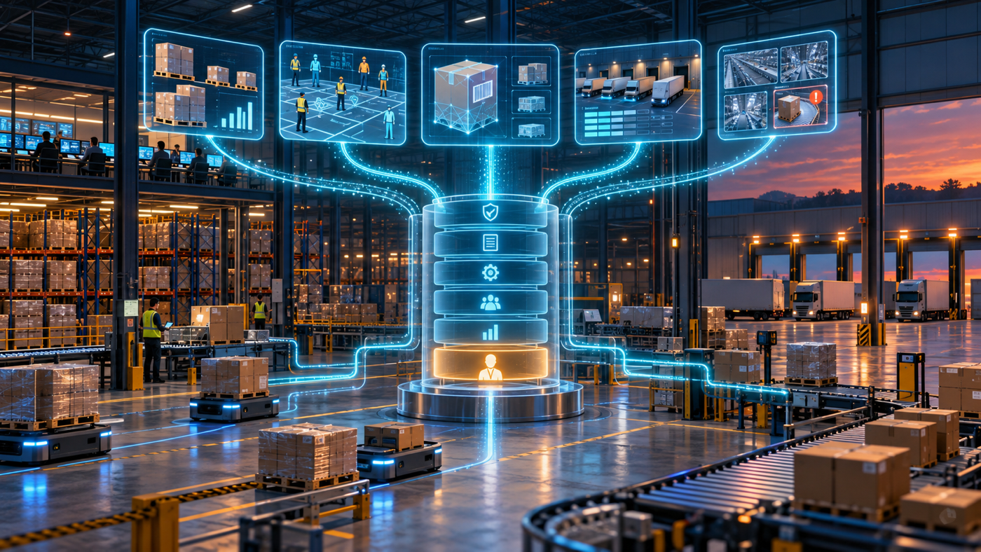 Five warehouse AI workflows pass through a central authority gateway with a visible human approval checkpoint before reaching operational systems.